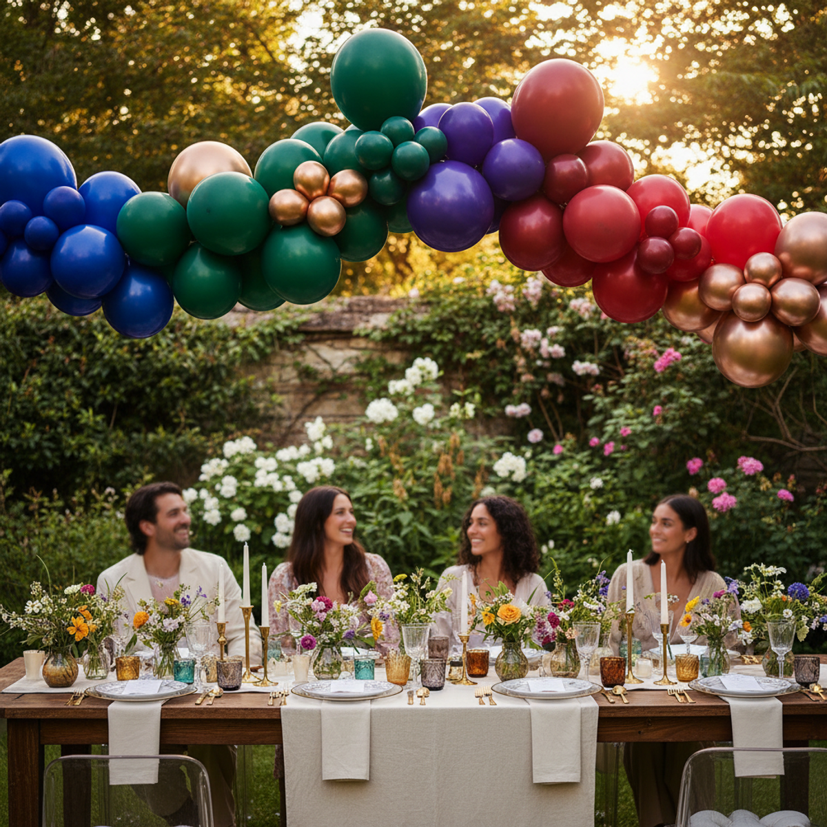 Reusable balloon arch in jewel tones frames outdoor dining table with golden hour light.