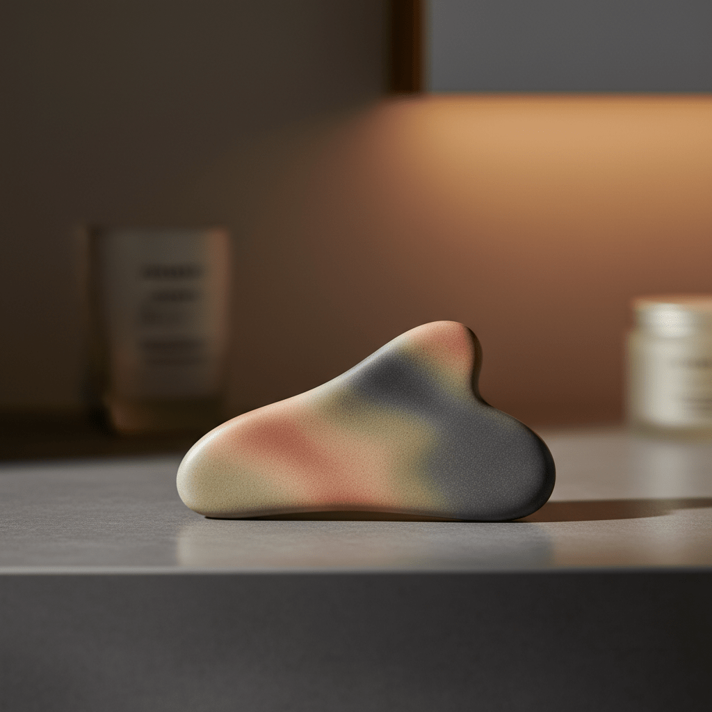 Artisanal ceramic gua sha with organic form and matte stone-like finish.