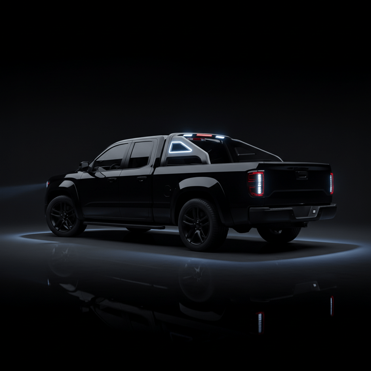 Roll bar truck with deep gloss black aerodynamic sport bars and integrated LEDs.