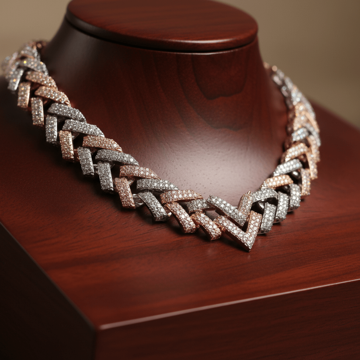 Moissanite diamond chain with Franco weave draped on polished wood.