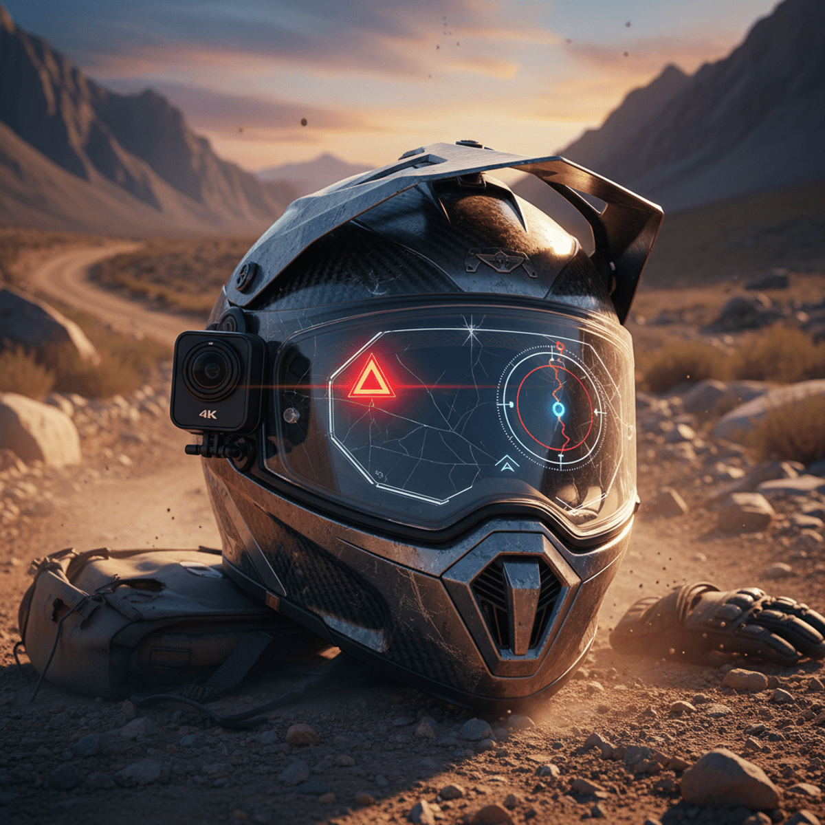 Motorcycle helmet camcorder shows emergency alert and GPS on visor after simulated crash.