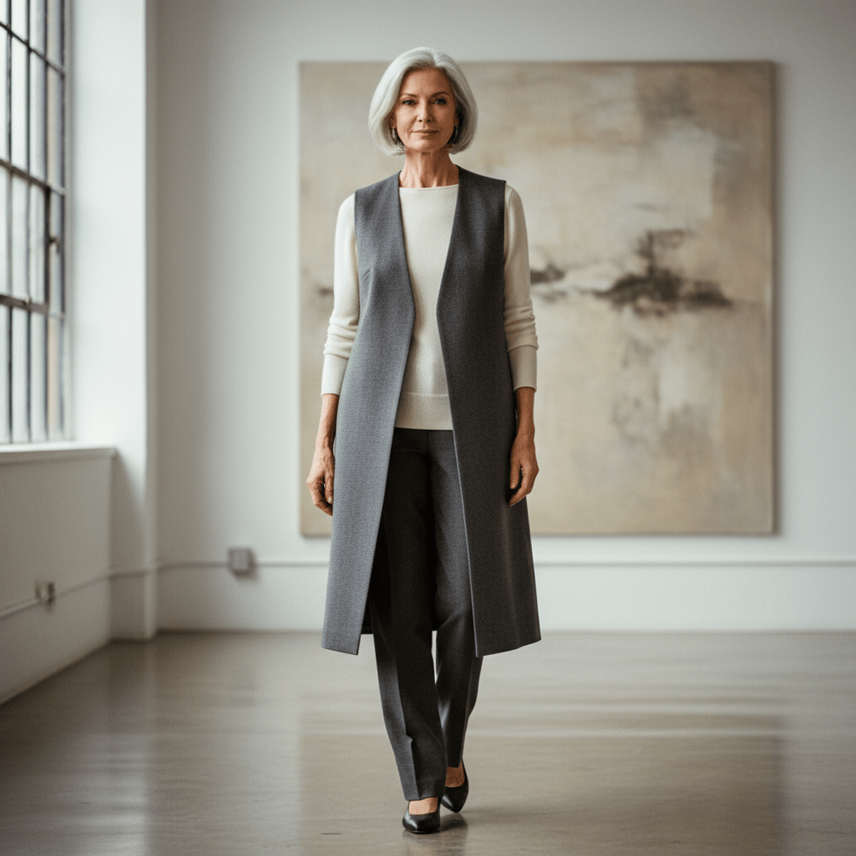 Sixties woman in tailored wool gabardine vest over ivory knit and charcoal trousers.