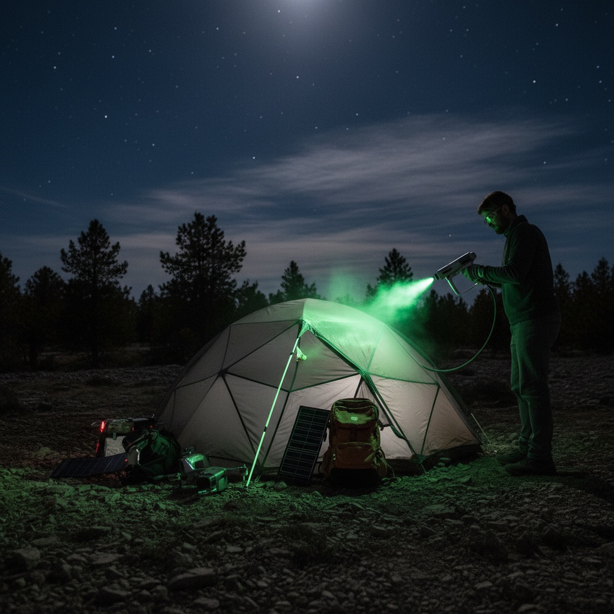 Futuristic campsite at night with glowing tent poles and zipper pulls.