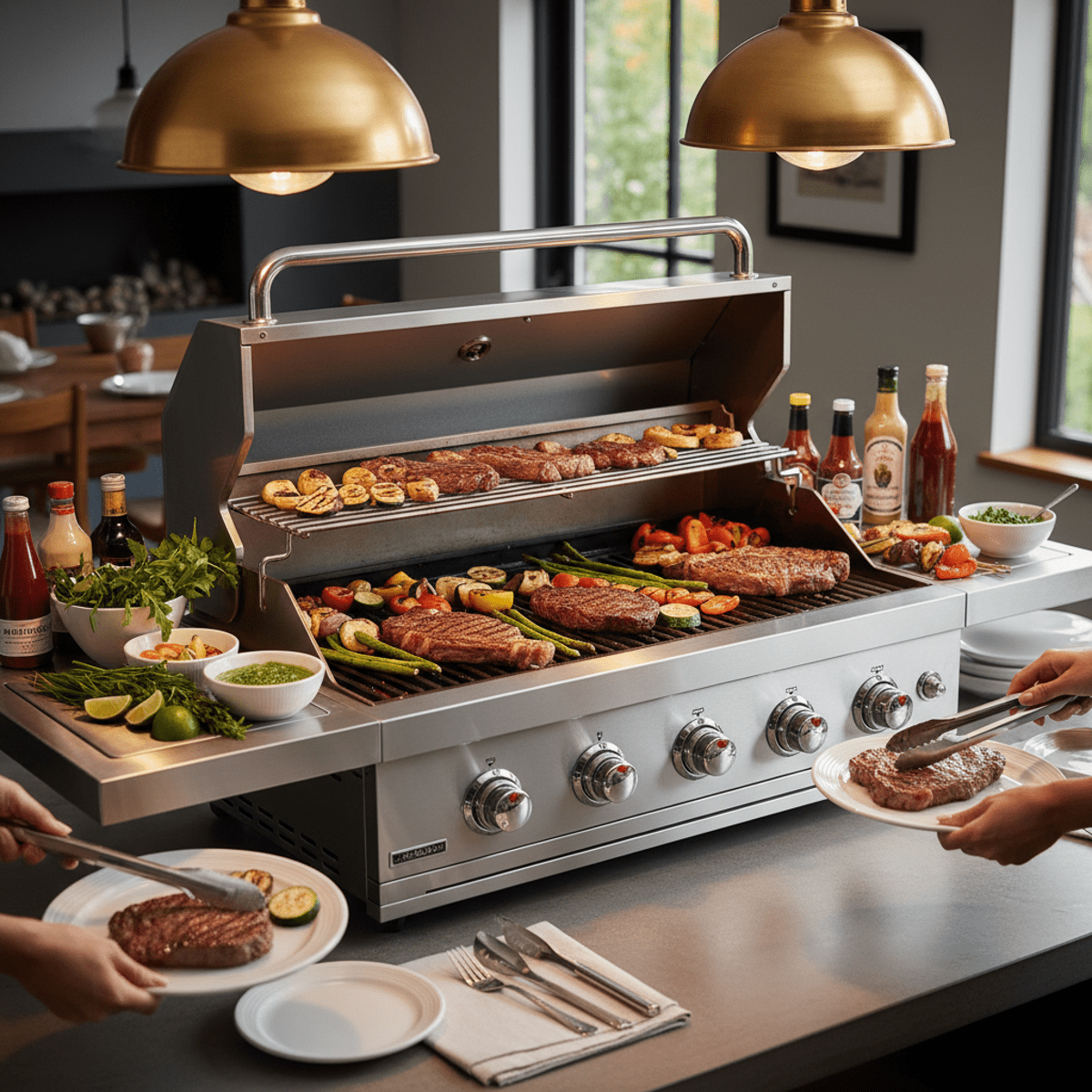 Sizzling steaks on a commercial-grade indoor grill Stainless steel indoor grill cooking steaks and vegetables in a cozy dining setting.