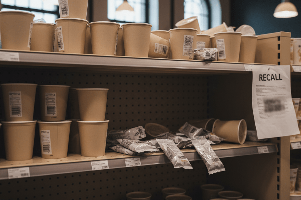 Disrupted retail shelf displaying recalled porridge products Stacked porridge pots and sachets on a retail shelf with gaps and a recall notice, under natural light, symbolizing product safety challenges