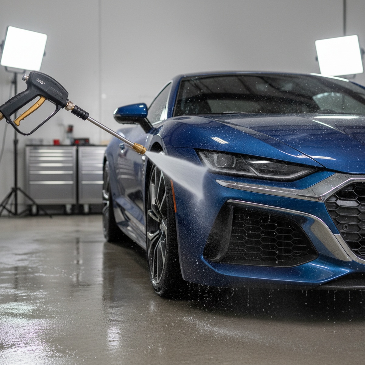 Pressure washer spraying water on sports car grille and wheel wells.