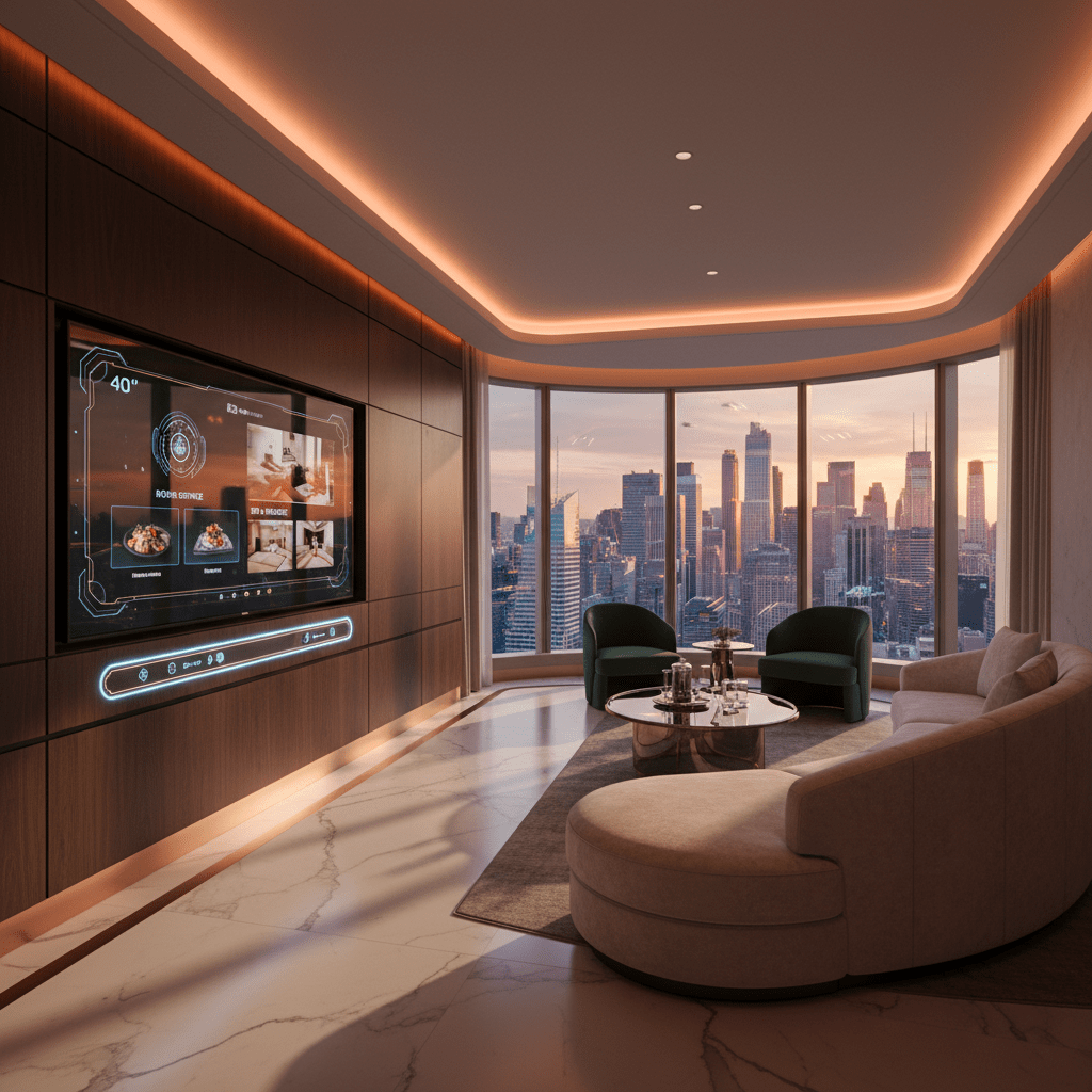 Futuristic hotel suite with interactive interface, ambient lighting, and city skyline view.