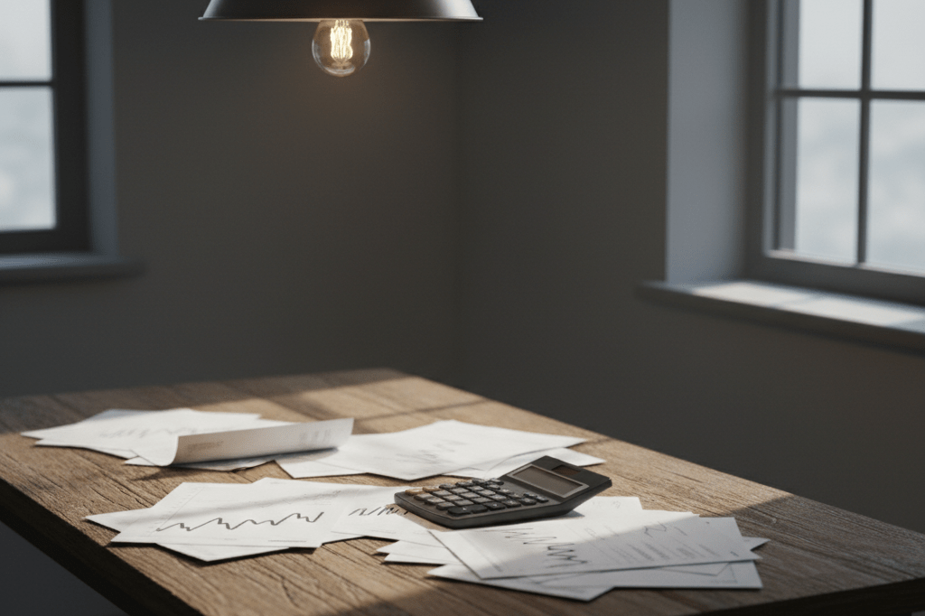 Scattered electricity bills and calculator on a wooden table, symbolizing consumer affordability challenges amid rising costs