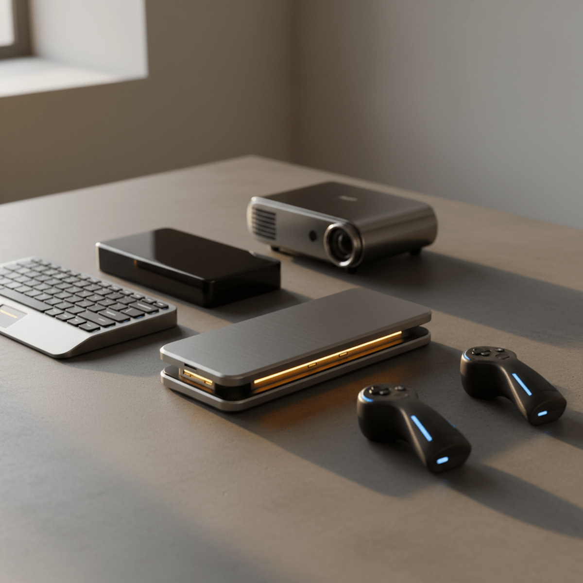 Concept slider phone with modules on a concrete desk, bathed in golden hour light.