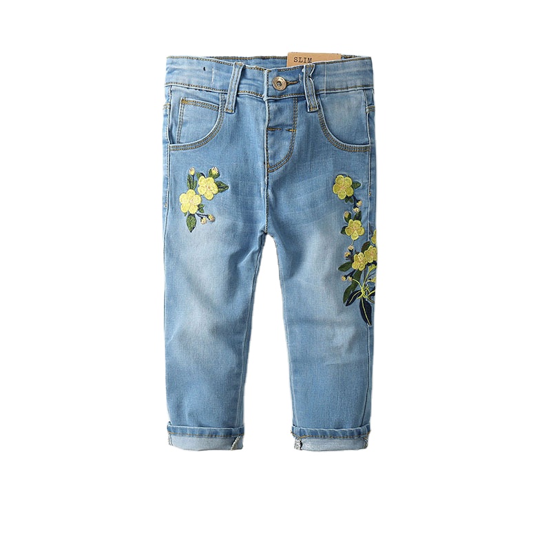 Джинсы для девочек 2021, модные джинсы для девочек с цветами на весну и осень, детские джинсовые брюки, детские брюки, детские джинсы