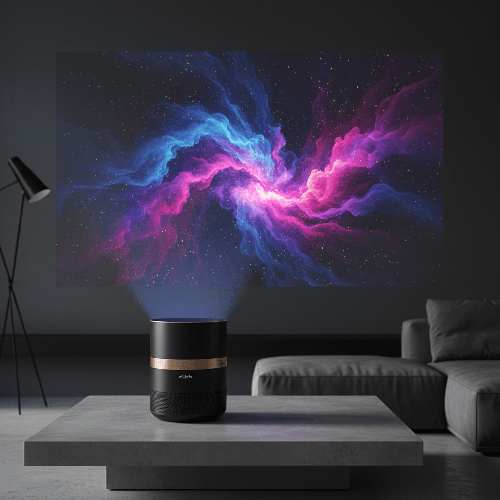 Futuristic projector displays AI nebula on a dark minimalist living room wall.