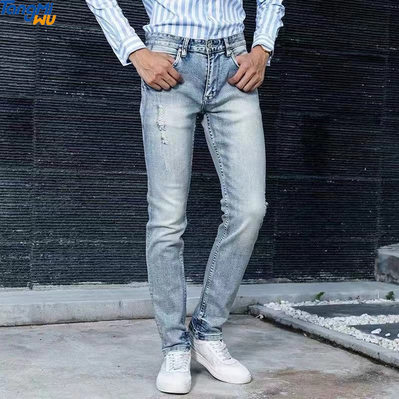 Оптовая продажа, облегающие синие потертые белые брюки, модные Стрейчевые рваные мужские джинсовые брюки скинни большого размера