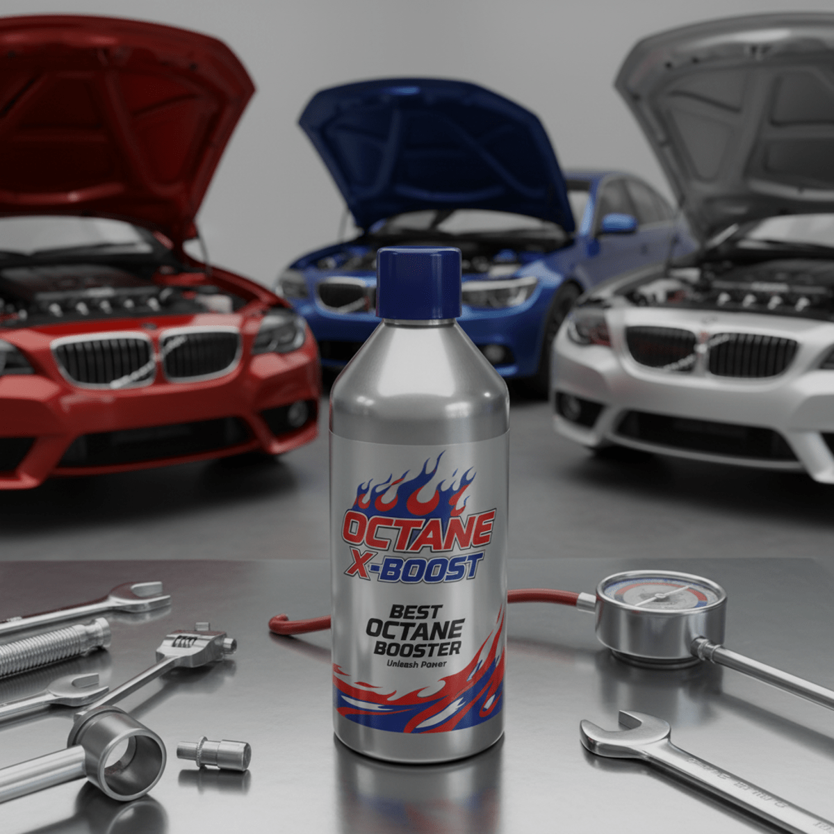 Octane booster bottle on workbench with sports sedans and engine details.