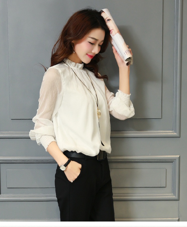 Chiffon Blouse New Women Tops Long Sleeve Stand Neck Work Wear Shirts Elegant Lady Casual Blouses women's Plus size