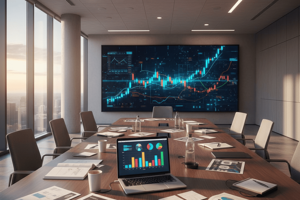 Modern office space showcasing abstract market data visualizations under natural and ambient lighting