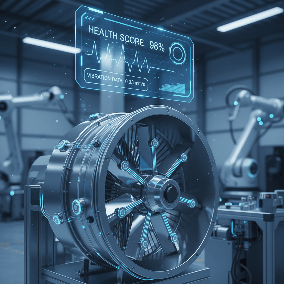 Futuristic smart factory fan with IoT sensors Polished metal industrial fan with IoT sensors in a futuristic smart factory.