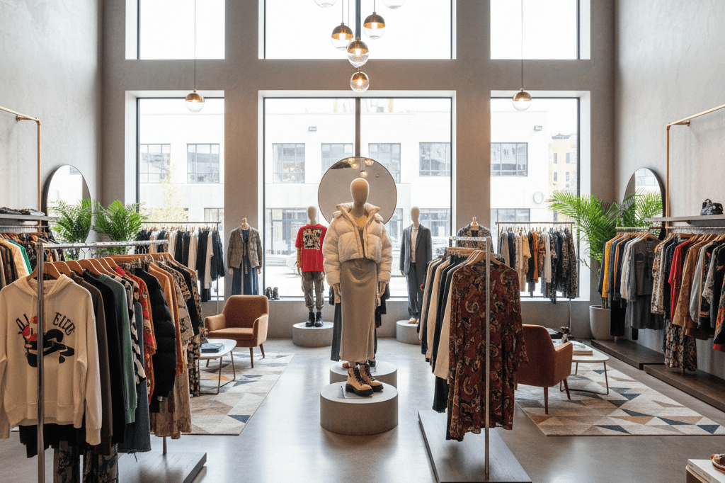 Stylish clothing boutique with racks and mannequins reflecting blended fashion trends inspired by social media