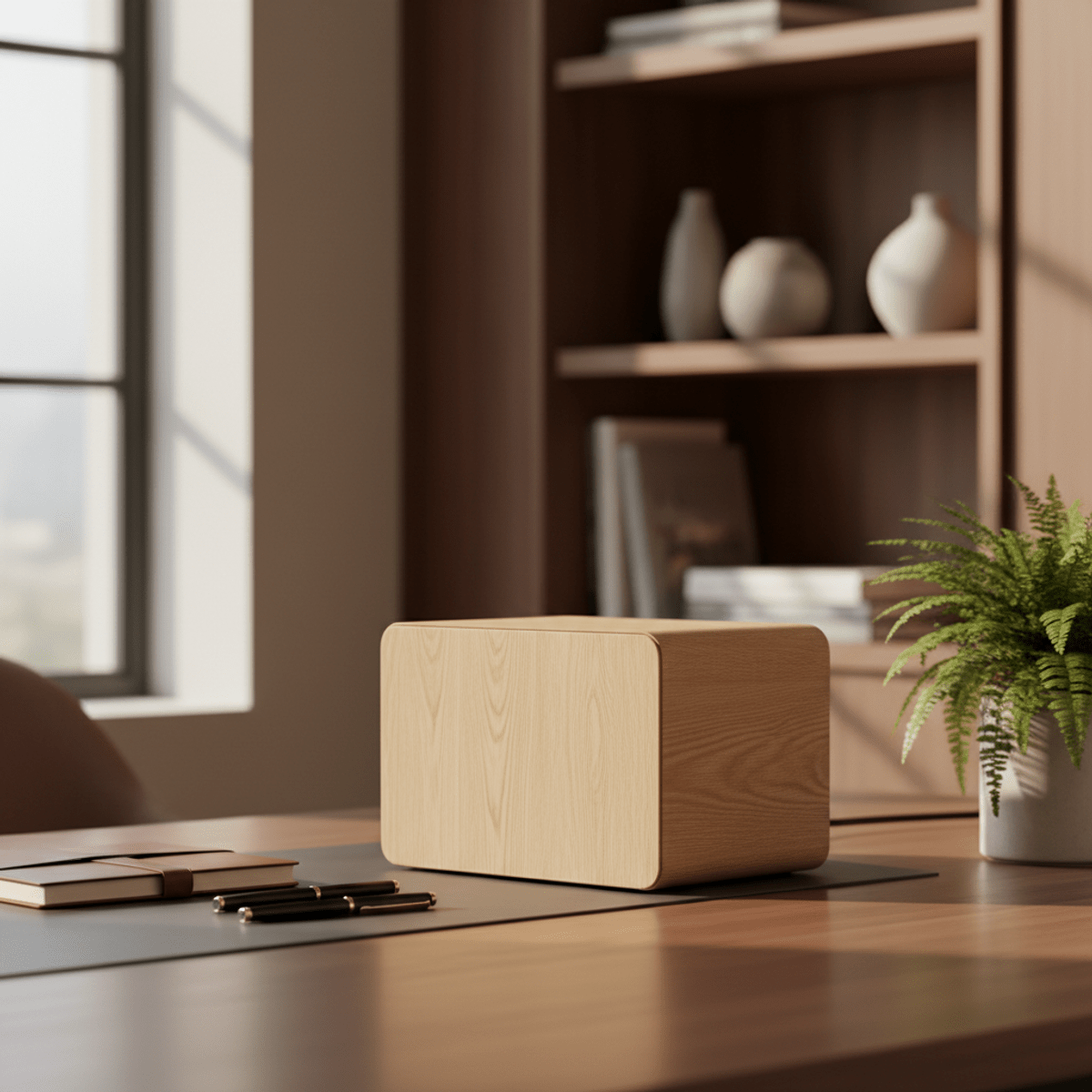 Sleek oak veneer UPS on an executive desk with office essentials and a fern.
