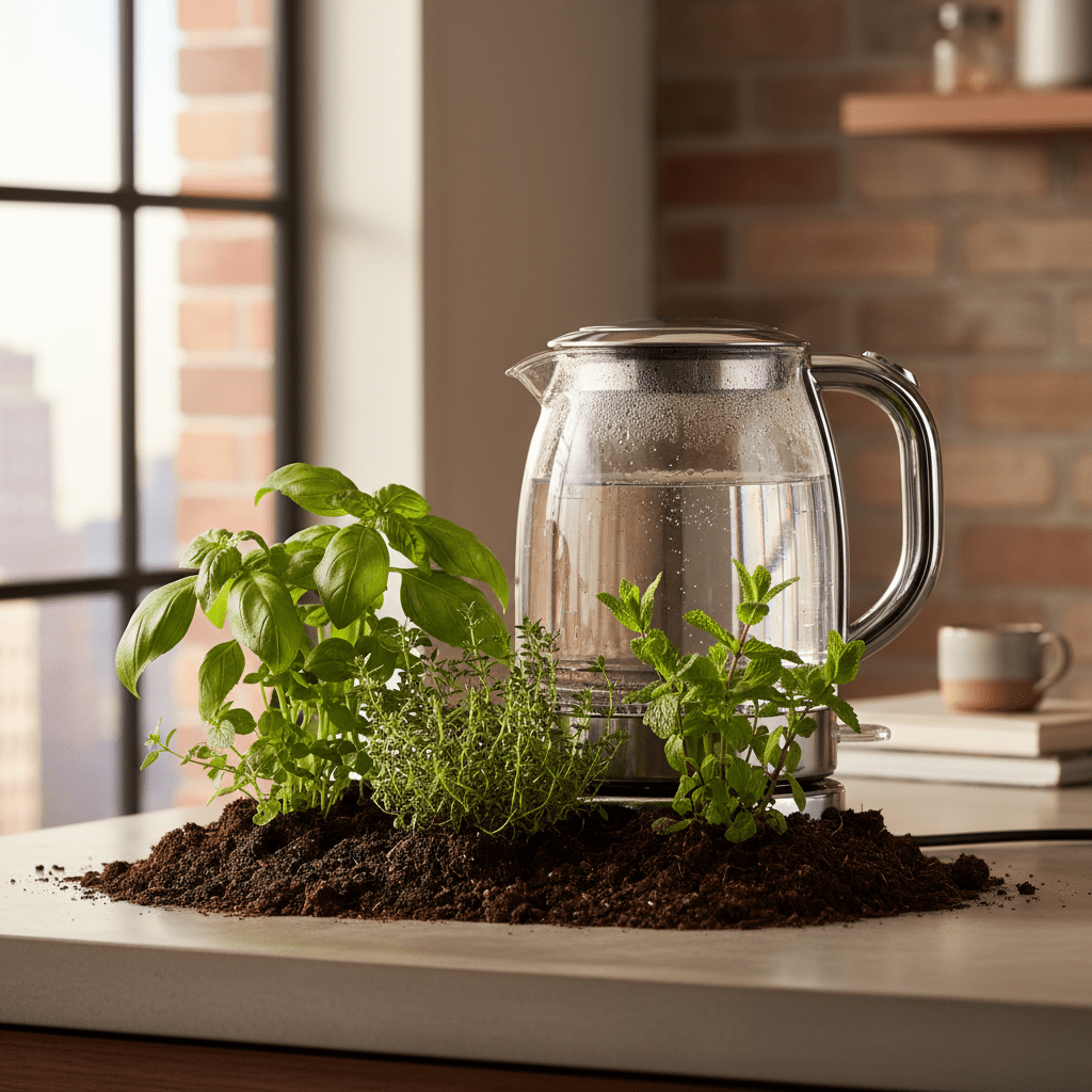 Electric glass kettle with a vibrant herb garden base in a modern kitchen.