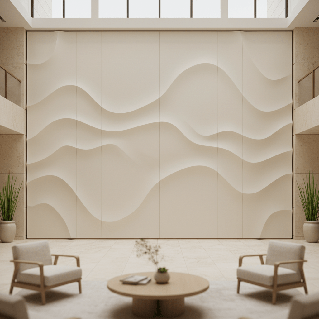 Luxurious indoor space with matte ivory wave pattern wall paneling in a hotel lobby.