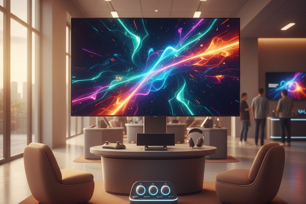 Wide-angle view of a sleek gaming display area highlighting immersive innovations and accessories