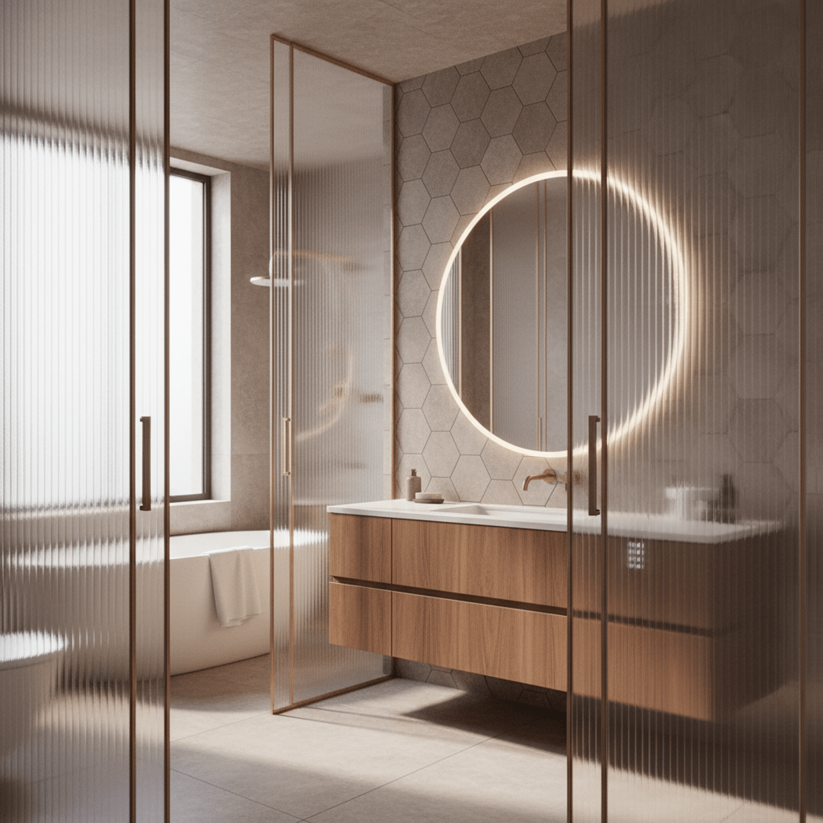 Modern bathroom textures: fluted glass, walnut vanity, patterned tiles. Futuristic bathroom with fluted glass, ribbed walnut vanity, and textured tiles.