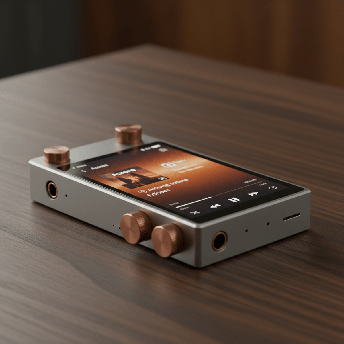 Close-up of titanium audio player ports, control dials, and glowing display.