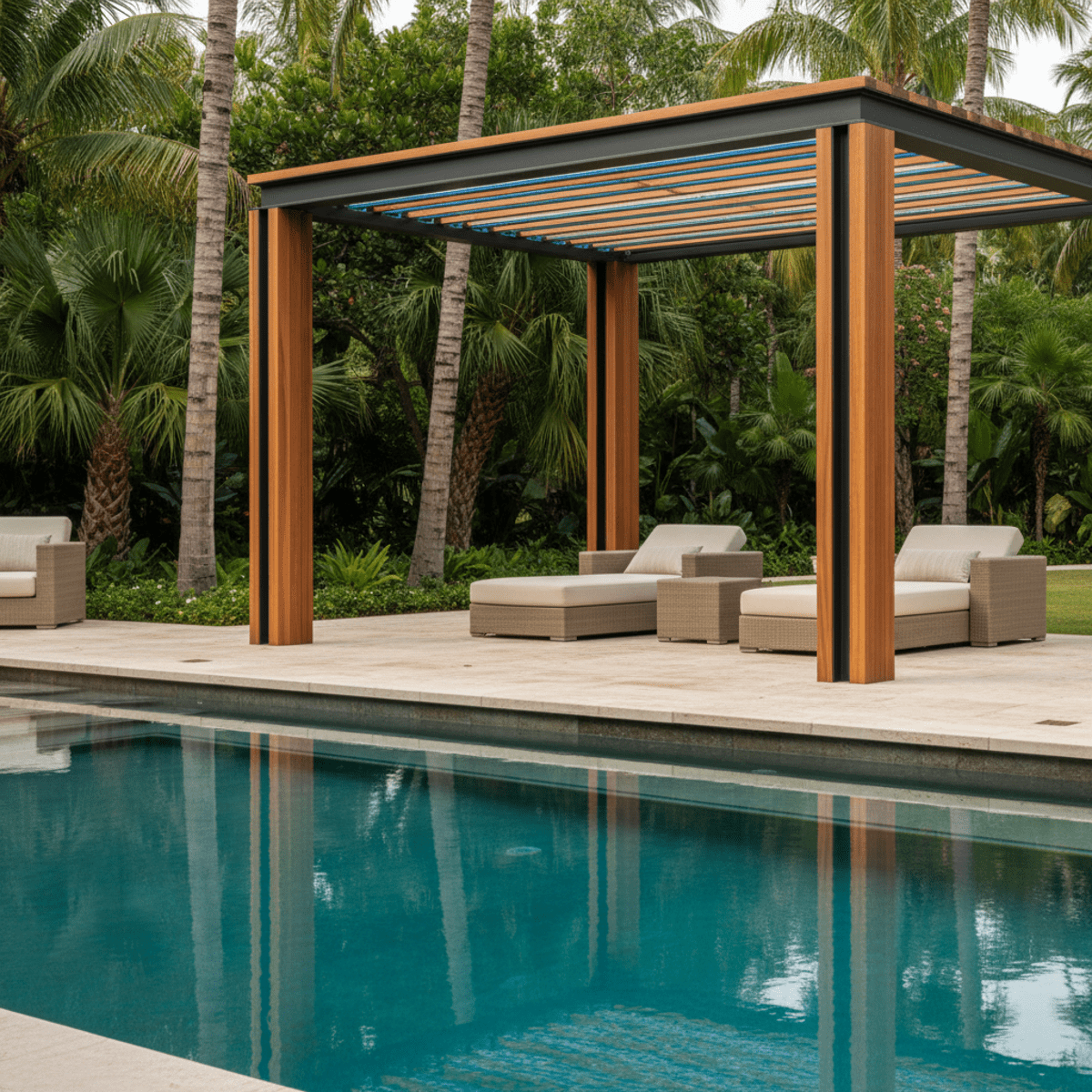 Luxurious poolside pergola with integrated solar heater tubes and minimalist steel frame.
