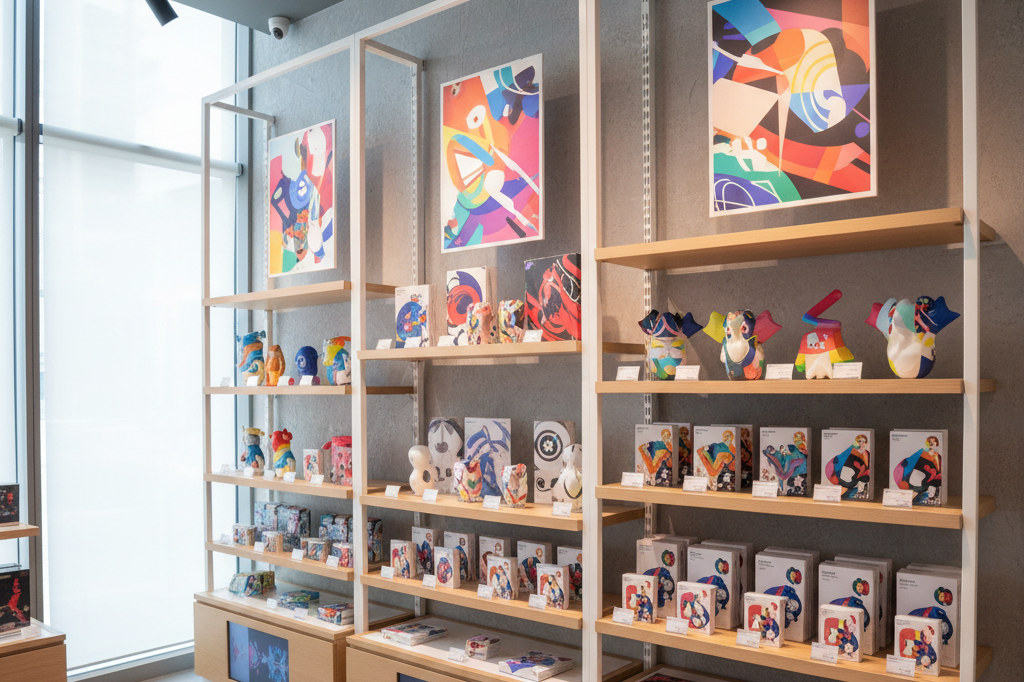 Wide shot of sleek shelves holding generic animation-themed merchandise under natural and ambient light, highlighting cross-platform merchandising opportunities.