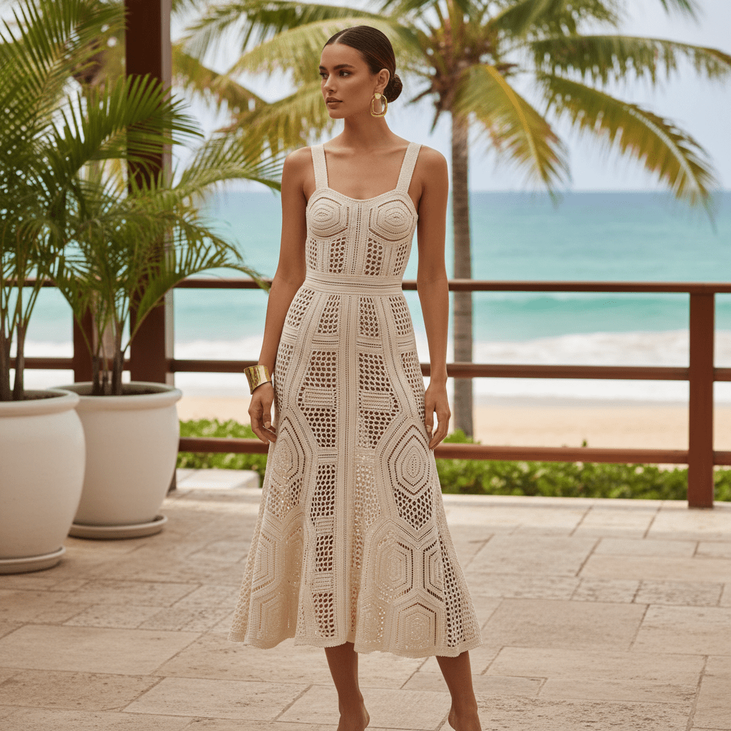 Model in a cream crochet midi dress with geometric patterns on a sunny resort terrace.
