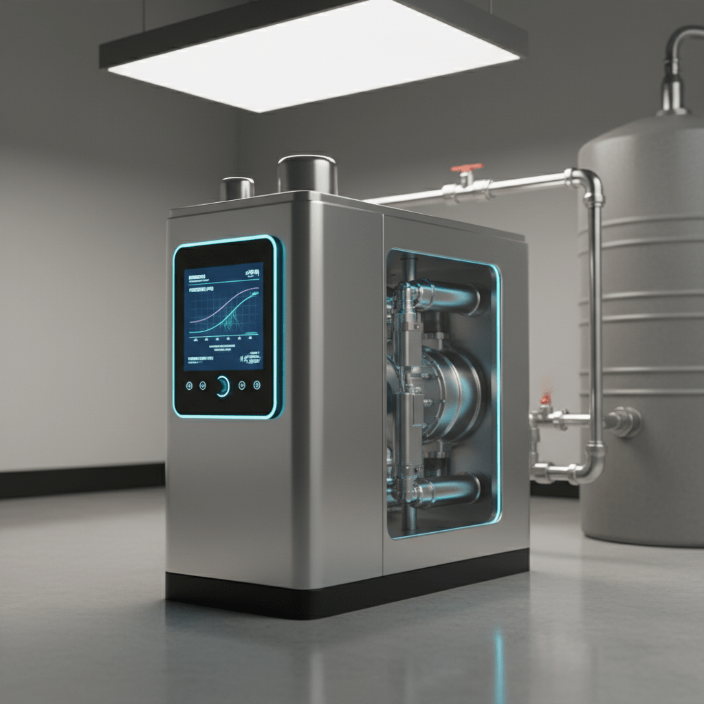 Modern well pump system with variable speed drive in a clean utility room.