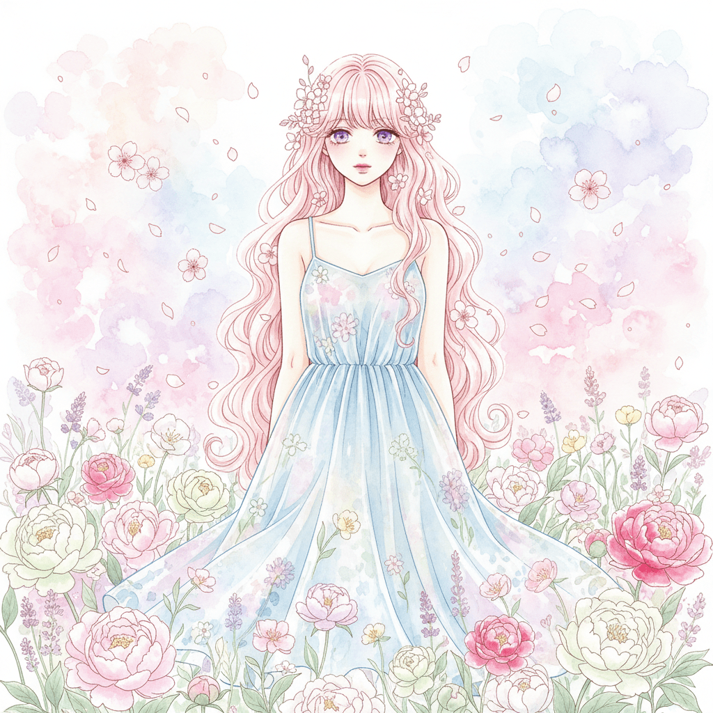 Shoujo illustration of a woman in a meadow with cherry blossoms and wildflowers.