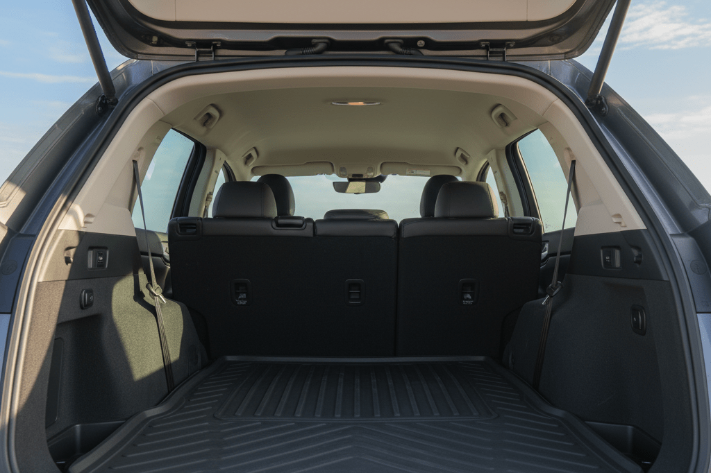 Medium shot of an electric SUV's rear cargo area with flat floor and open liftgate window in natural light