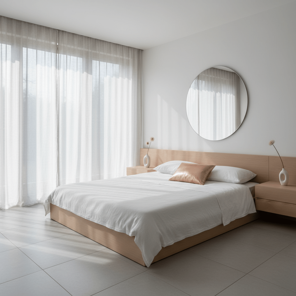 Sunlit minimalist bedroom with white, grey, and blonde wood, featuring a rose-gold copper pillow.