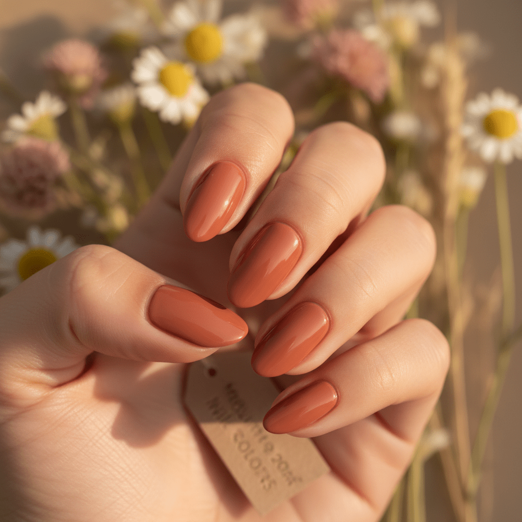 Neatly manicured nails in dusty orange apricot crush with a high-gloss finish.