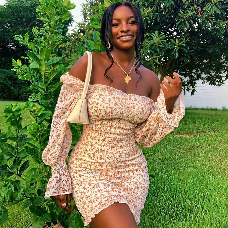 Новое поступление 2021, весенне-осенние женские платья с открытыми плечами и длинным рукавом, праздничные платья для девочек с цветочным принтом, облегающее мини-платье с цветочным принтом для женщин