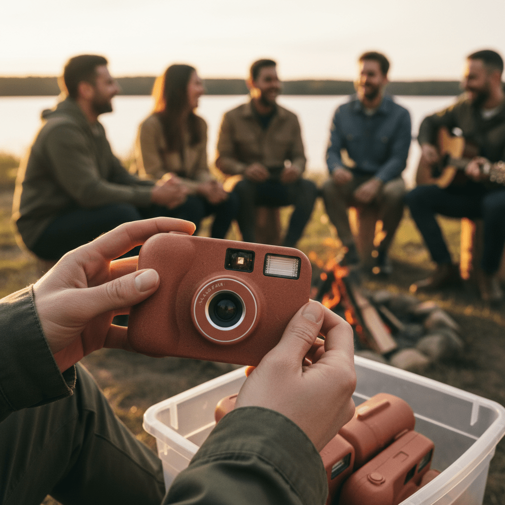 Hands holding a disposable camera during a digital-free lakeside retreat.