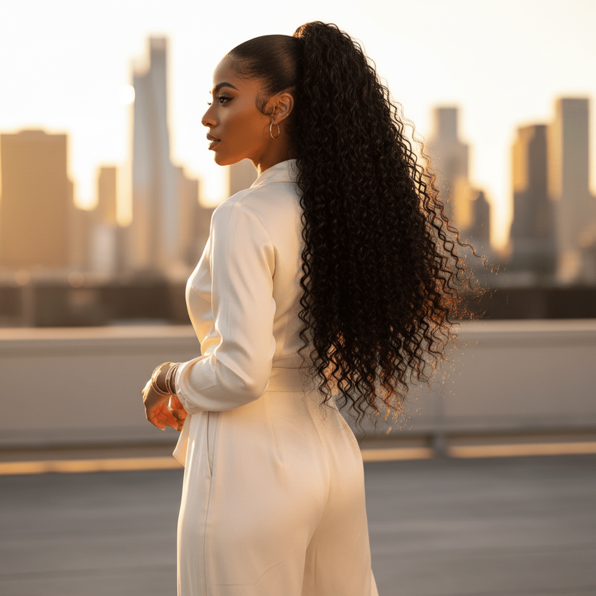 Vivid black jeri curl ponytail extension with mirror-like shine in golden hour sunlight.