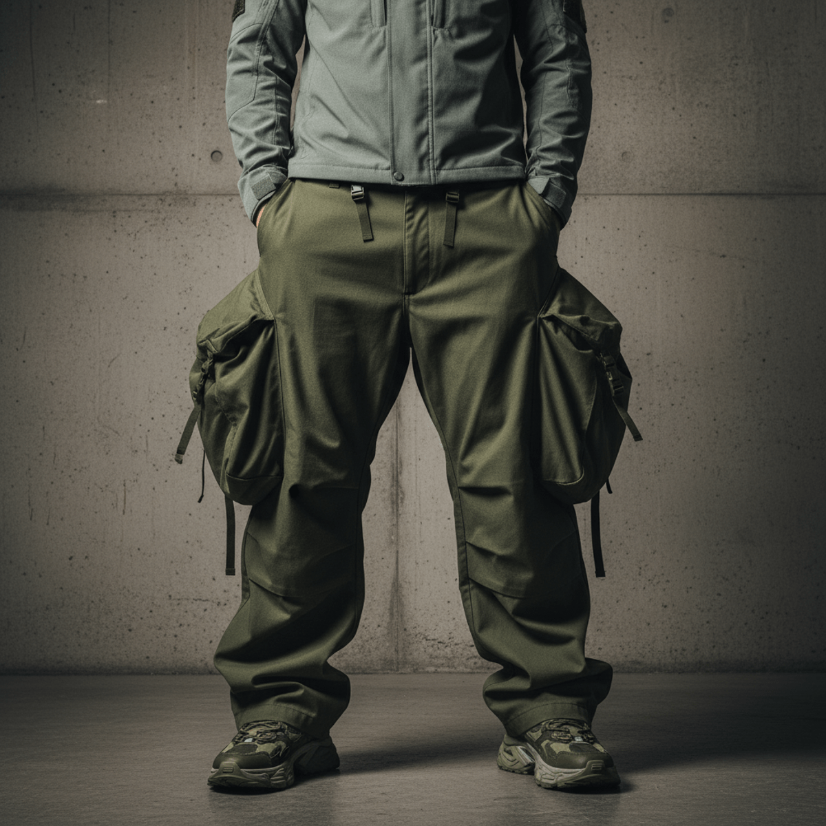 Future combat uniform with oversized olive green cargo pants and tactical jacket.
