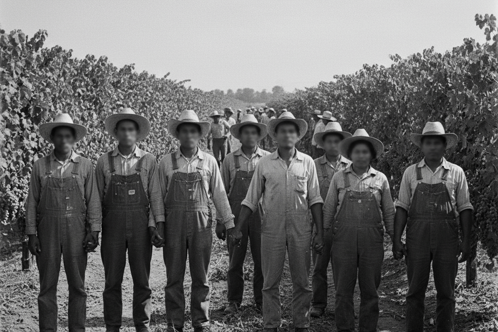 Grainy black-and-white photo of multi-ethnic farmworkers standing together in a grape field under natural light, symbolizing grassroots solidarity.
