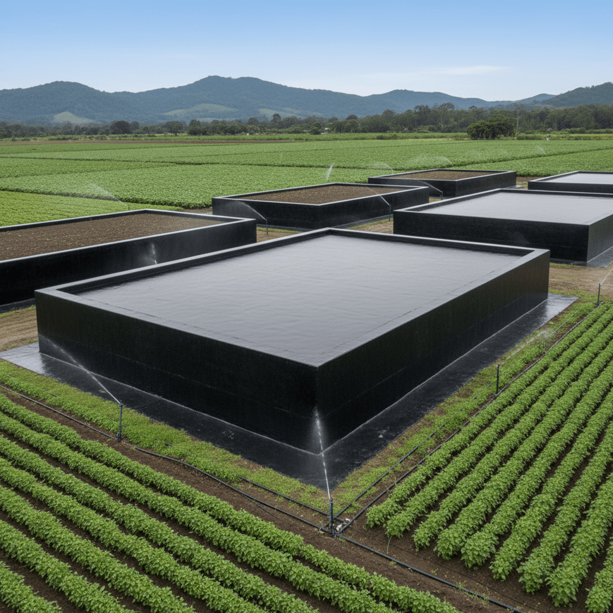 Modern sustainable farm with matte black rubberized irrigation tanks and lush green fields.