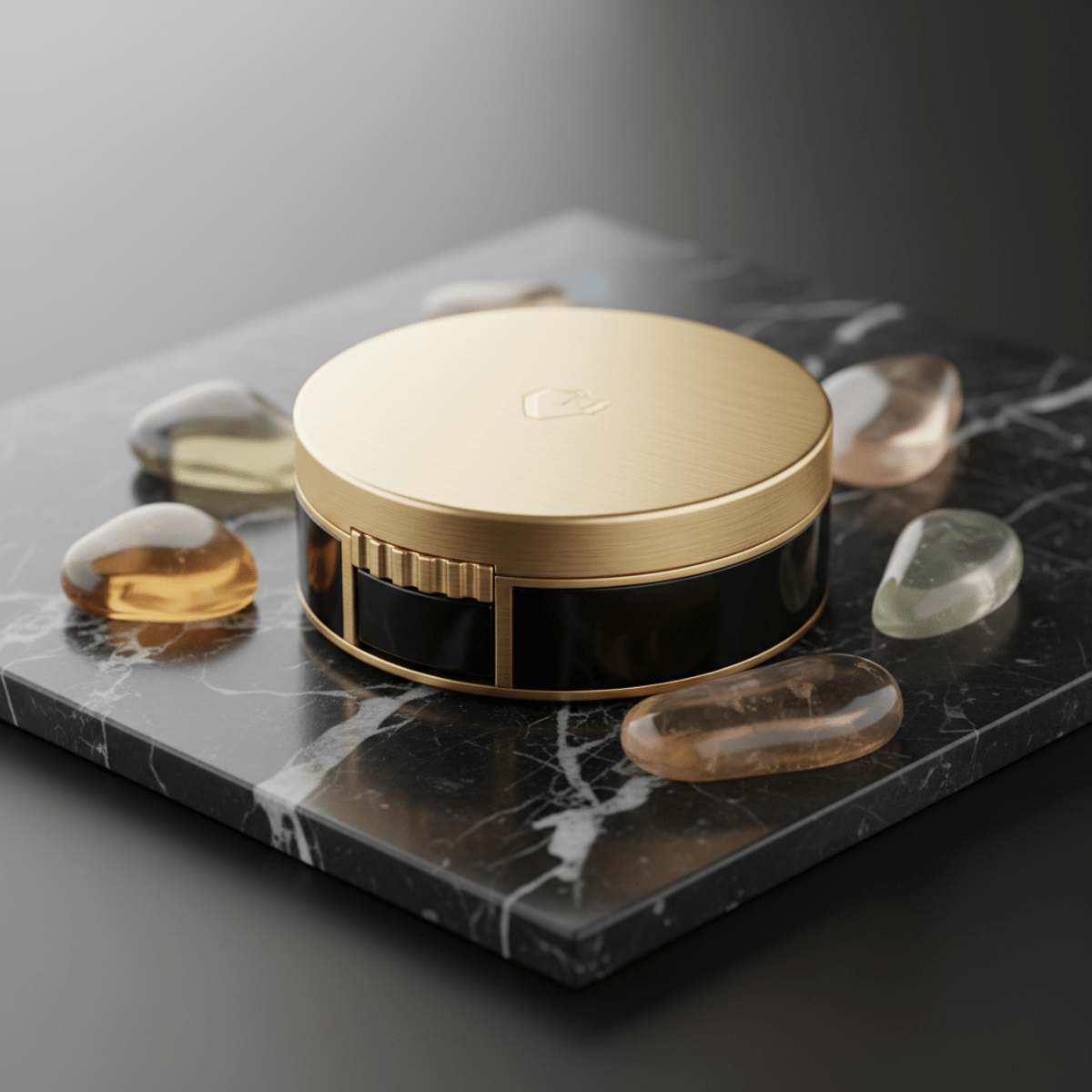 Refillable luxury compact powder case with gold, onyx, and resin details.