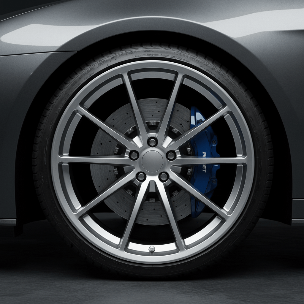 Floating spoke wheel with cobalt blue brake calipers on a modern coupe.