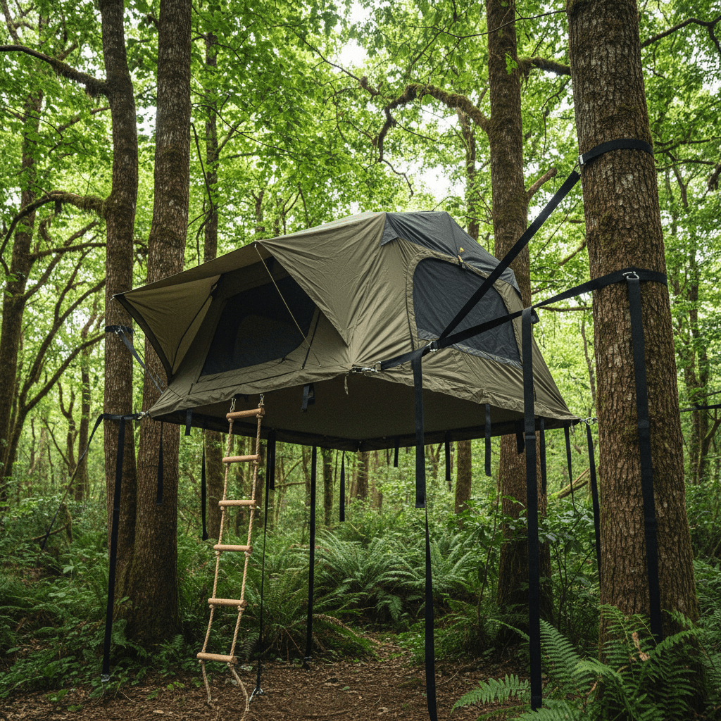 Heavy-duty elevated tree tent secured to forest trunks with a ladder for access.