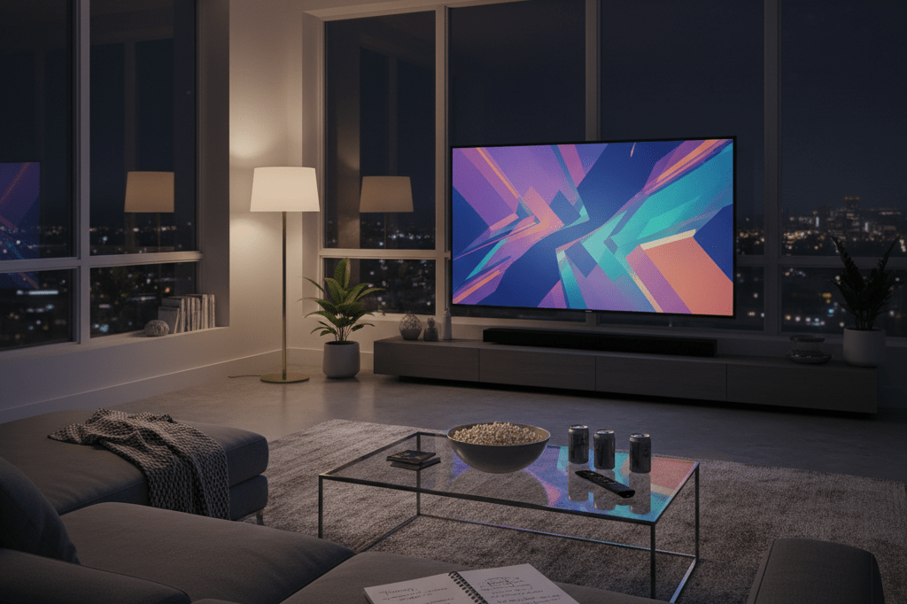 Living room with glowing TV and planning notes symbolizing synchronized product launch tactics