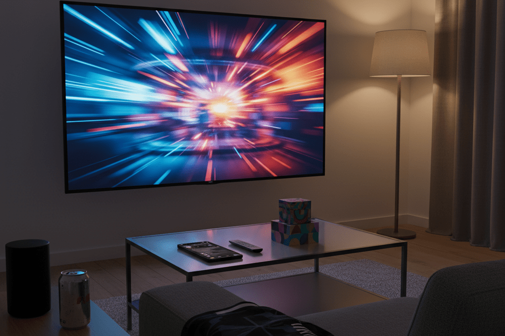Medium shot of a living room with glowing TV, smartphone, merch boxes, and ambient lighting—symbolizing viral social engagement after a major live event