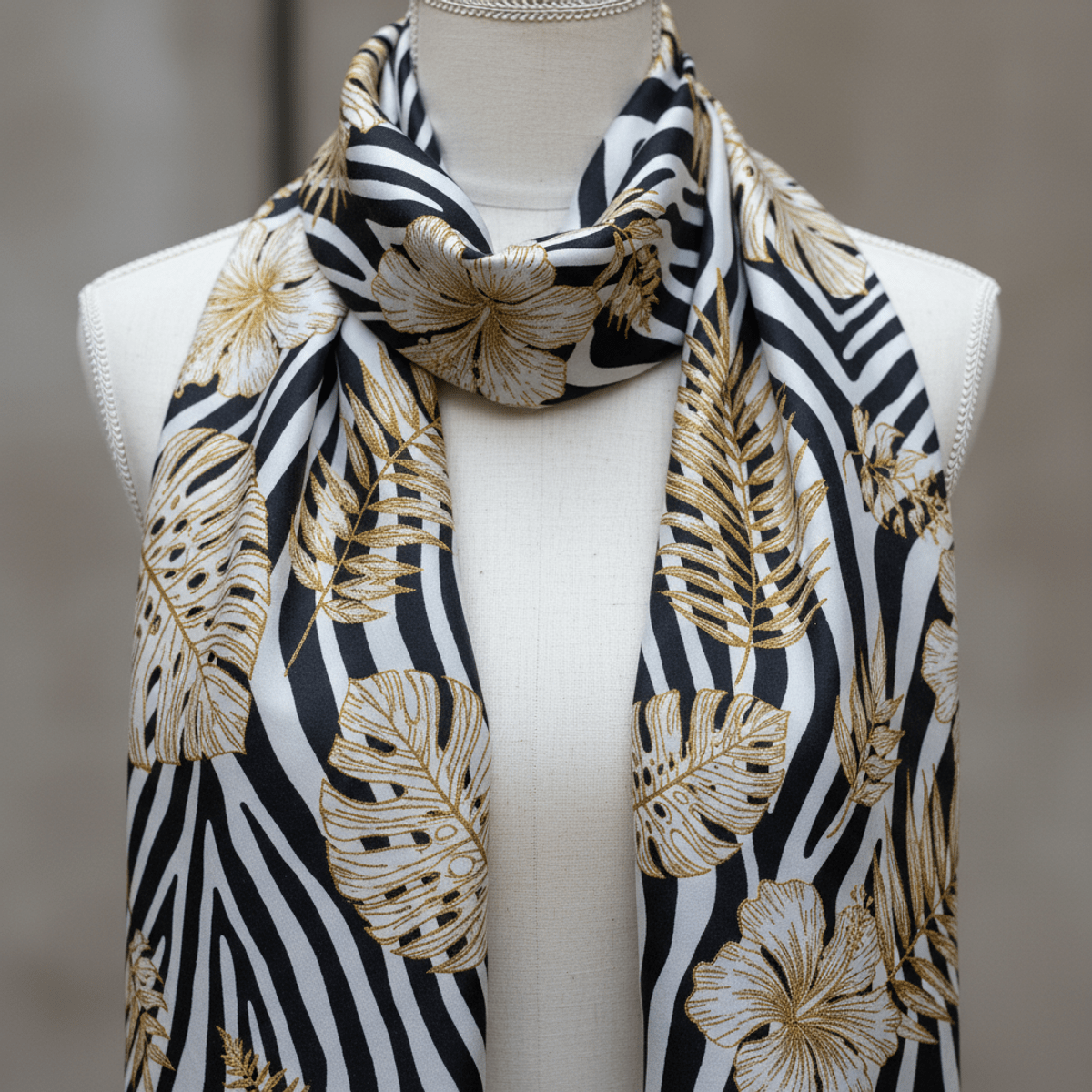 Bohemian scarf with zebra stripes and gold tropical foliage on a mannequin bust.