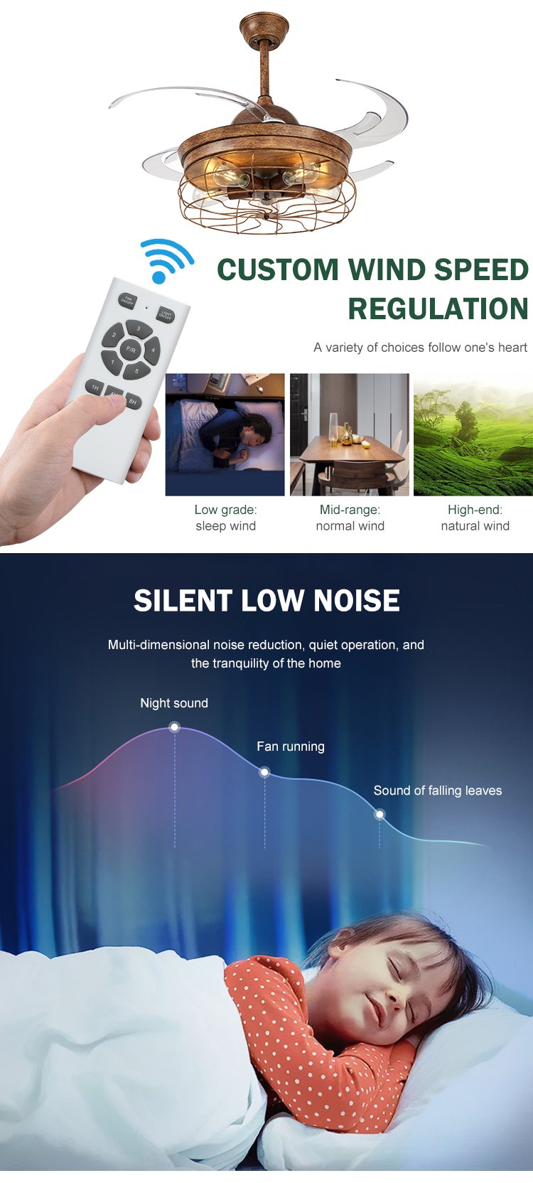 Breezelux energy saving home decoration modern wooden remote control led ceiling fan with lamp