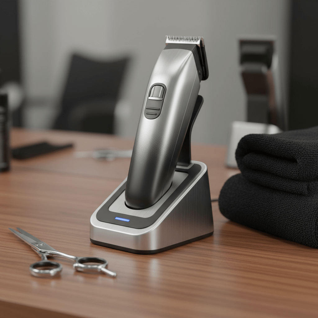 Sleek fade clippers on a brushed aluminum wireless charging dock with blue LED.
