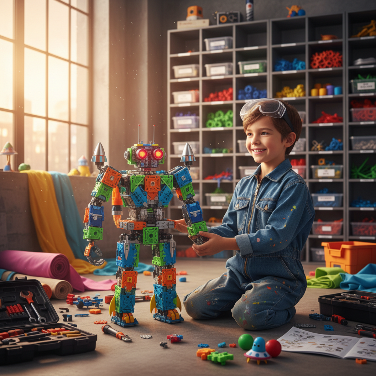 Child proudly holds a colorful DIY robot in a bright, creative studio space.